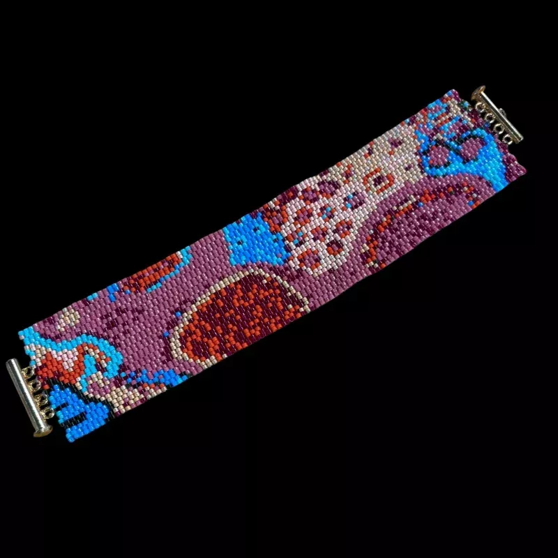 "Klimt" Peyote stitch bracelet by Carrie Prince Plum/Gold/Blue 1.5"W x 7"L